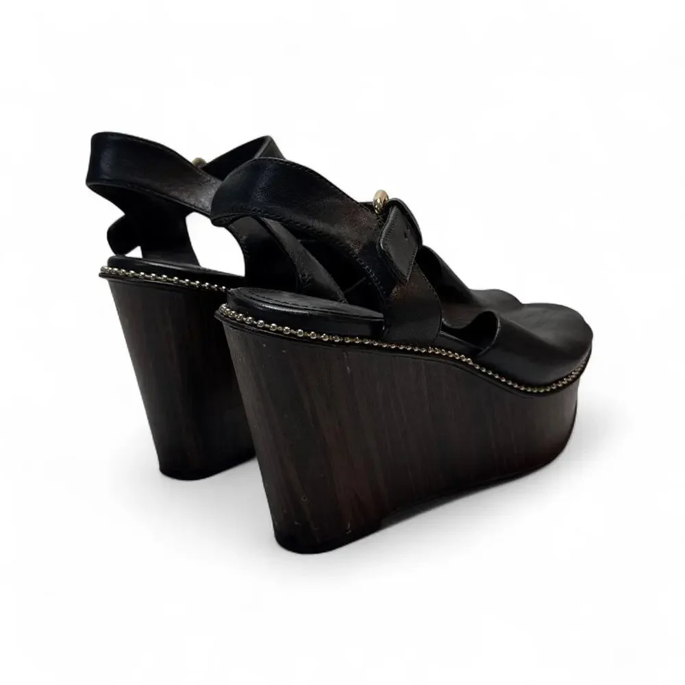 Coach Black Leather Platform Wedge Sandals studded detail Gold Hardware size 6